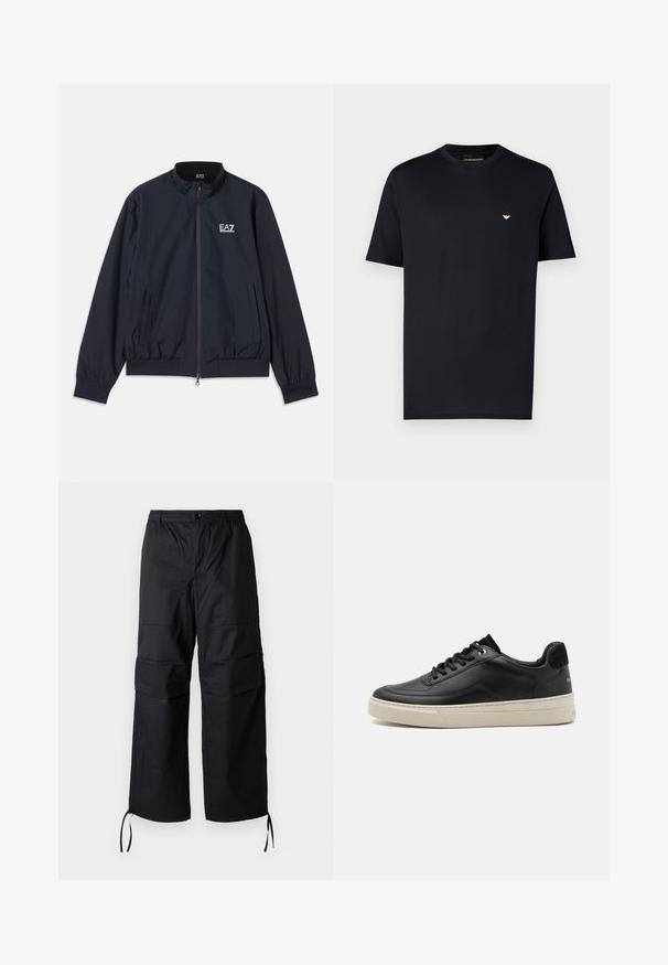 Veste bleu marine en matériau léger, dotée d'une fermeture éclair à l'avant, d'un col montant, de poignets élastiques et de poches latérales. Logo EA7 sur la poitrine.; T-shirt en coton noir avec col rond, manches courtes et petit logo doré sur la poitrine. Texture lisse, coupe standard.; Pantalons cargo noirs en tissu léger, dotés de jambes larges, d'une taille élastique et de cordons de serrage ajustables aux poignets. Deux poches latérales.; Baskets en cuir noir à profil bas, avec une semelle en caoutchouc couleur crème, bout rond et design à lacets, rehaussées d'un talon en daim noir.