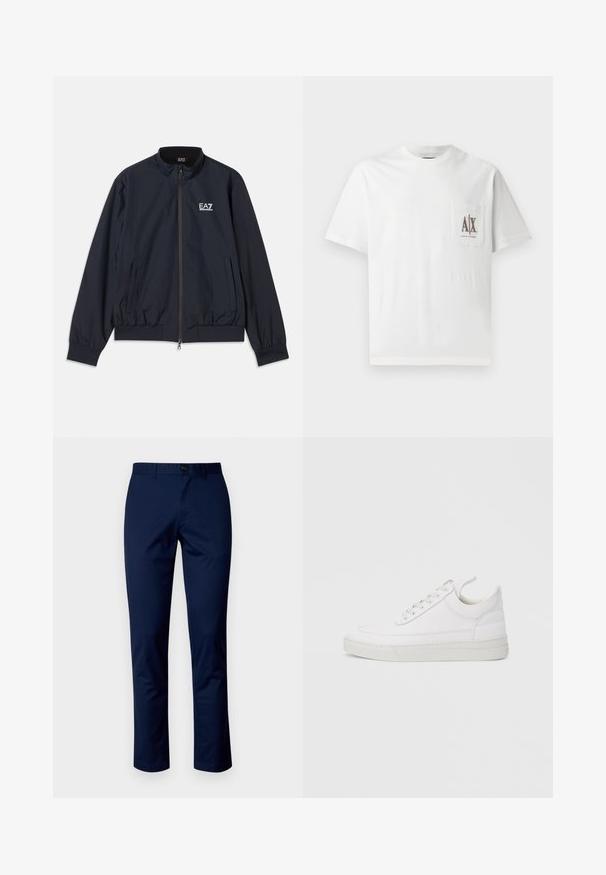 Veste bleu marine en matériau léger, dotée d'une fermeture éclair à l'avant, d'un col montant, de poignets élastiques et de poches latérales. Logo EA7 sur la poitrine.; T-shirt en coton blanc avec des manches courtes, un col rond et une poche sur la poitrine gauche ornée d'un logo brodé "A|X" en marron.; Pantalons en coton bleu marine avec une coupe droite, dotés d'une fermeture à bouton à l'avant, de passants de ceinture et de coutures propres. Texture lisse sans motifs.; Baskets en cuir blanc avec un embout arrondi, une semelle plate et un laçage à l'avant. Présentent des détails de couture et un col rembourré pour plus de confort.