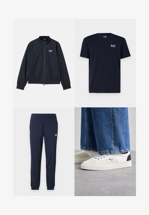 Marineblå jakke lavet af letvægtsmateriale, med lynlås foran, opretstående krave, elastiske manchetter og sidelommer. EA7-logo på brystet.; Sort T-shirt med korte ærmer og rund halsudskæring med lille hvid EA7 Emporio Armani-logo på venstre bryst.; Mørkeblå sweatpants med elastisk talje og manchetter. Har et lille hvidt logo på venstre ben. Fremstillet af et blødt, strækbart materiale.; Hvide og sorte sneakers med en glat læderoverdel, teksturerede detaljer og en kraftig hvid sål. Har et klassisk snørebåndsdesign.