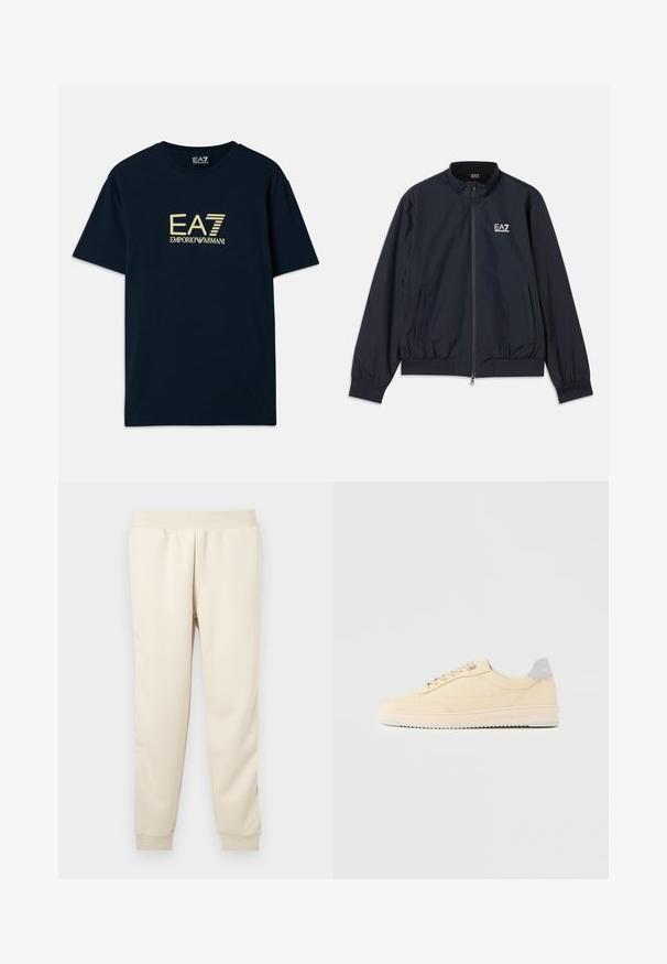 Chaqueta azul marino hecha de material ligero, con cierre de cremallera en el frente, cuello alzado, puños elásticos y bolsillos laterales. Logo de EA7 en el pecho.; Camiseta de algodón azul marino con un estampado dorado del logo "EA7 EMPORIO ARMANI" en el pecho, mangas cortas y un escote redondo.; Pantalones de chándal beige claro hechos de una tela suave, con un diseño ajustado, cinturilla elástica y puños en los tobillos. Sin patrones ni acentos visibles.; Zapatilla deportiva beige de corte bajo con cierre de cordones en la parte delantera, suela rosa claro y lengüeta trasera gris con la marca "Filling Pieces", mostrada de perfil sobre un fondo liso.