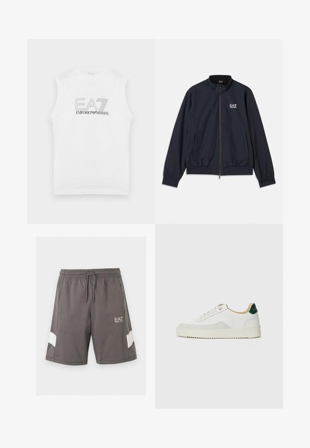 Veste bleu marine en matériau léger, dotée d'une fermeture éclair à l'avant, d'un col montant, de poignets élastiques et de poches latérales. Logo EA7 sur la poitrine.; Chemise sans manches blanche avec le logo "EA7 Emporio Armani" en contour noir centré sur le devant.; Shorts gris à taille élastique avec cordon, poches latérales, bandes blanches sur les jambes et logo blanc EA7 Emporio Armani sur la cuisse gauche.; Baskets blanches avec des accents en daim, bout arrondi, lacets plats et semelle en caoutchouc crème. Présente une marque verte sur le talon.