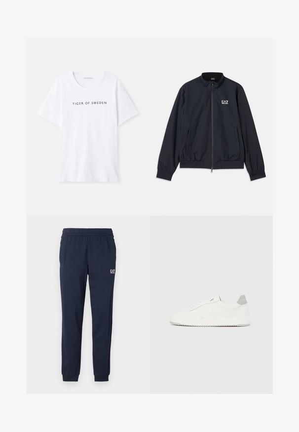 Marineblauwe jas van lichtgewicht materiaal, met een rits aan de voorkant, opstaande kraag, elastische manchetten en zijzakken. EA7-logo op de borst.; Witte T-shirt met een ronde hals en korte mouwen. Zwart tekst met "TIGER OF SWEDEN" gecentreerd op de voorkant. Soepele stofstructuur.; Marineblauwe sweatpants met een elastische tailleband en boorden. Voorzien van een klein wit logo op het linkerpant. Gemaakt van een zachte, rekbare stof.; Witte lage sneaker met grijze hielpatch, witte veters en een gestructureerde zool, gepresenteerd op een effen lichte achtergrond.