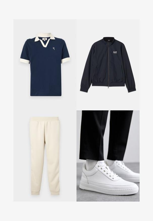 Marineblauwe jas van lichtgewicht materiaal, met een rits aan de voorkant, opstaande kraag, elastische manchetten en zijzakken. EA7-logo op de borst.; Marineblauwe polo gemaakt van katoen, met een contrasterende witte kraag en mouwboorden, en een klein geborduurde ontwerp op de borst.; Lichtbeige sweatpants gemaakt van zachte stof met een taps toelopend ontwerp, elastische tailleband en boorden bij de enkels. Geen zichtbare patronen of accenten.; Witte leren sneakers met een platte rubberen zool, met een soepele afwerking, ronde neus en metalen oogjes voor de veters. Draag ze met een zwarte broek.
