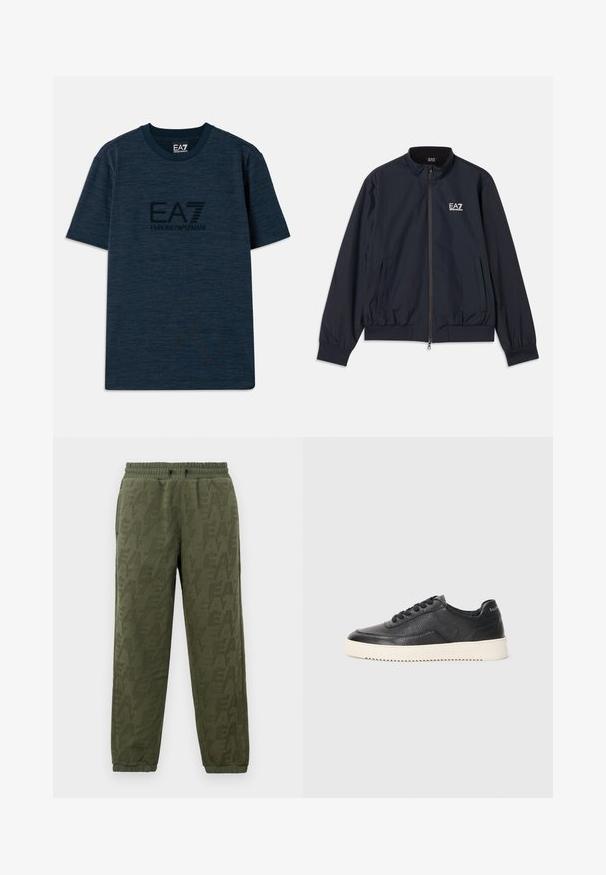 Marineblå jakke lavet af letvægtsmateriale, med lynlås foran, opretstående krave, elastiske manchetter og sidelommer. EA7-logo på brystet.; Mørkeblå bomulds-T-shirt med korte ærmer, der har en tekstureret overflade og et centralt EA7 Emporio Armani-logo i sort.; Oliven grøn fleece joggers med elastisk talje og manchetter, prydet med subtilt tonalt EA7 logo mønster over det hele.; Sort lædersneaker med struktureret overflade, rund tå og flad hvid gummisål. Har sorte snørebånd og branding på hælen.