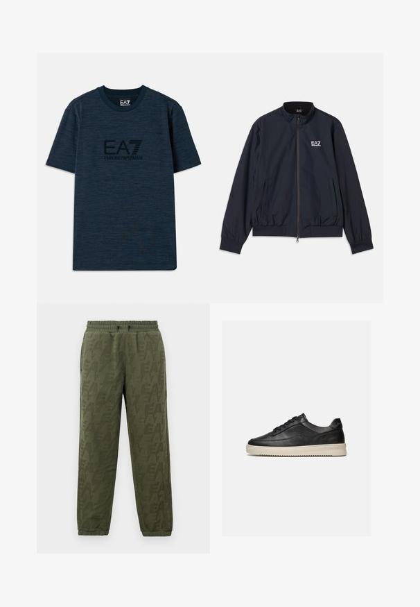 Marineblå jakke lavet af letvægtsmateriale, med lynlås foran, opretstående krave, elastiske manchetter og sidelommer. EA7-logo på brystet.; Mørkeblå bomulds-T-shirt med korte ærmer, der har en tekstureret overflade og et centralt EA7 Emporio Armani-logo i sort.; Oliven grøn fleece joggers med elastisk talje og manchetter, prydet med subtilt tonalt EA7 logo mønster over det hele.; Sort lavtop lædersneaker med sorte snørebånd og en tyk off-white gummisål, vist på en hvid baggrund.