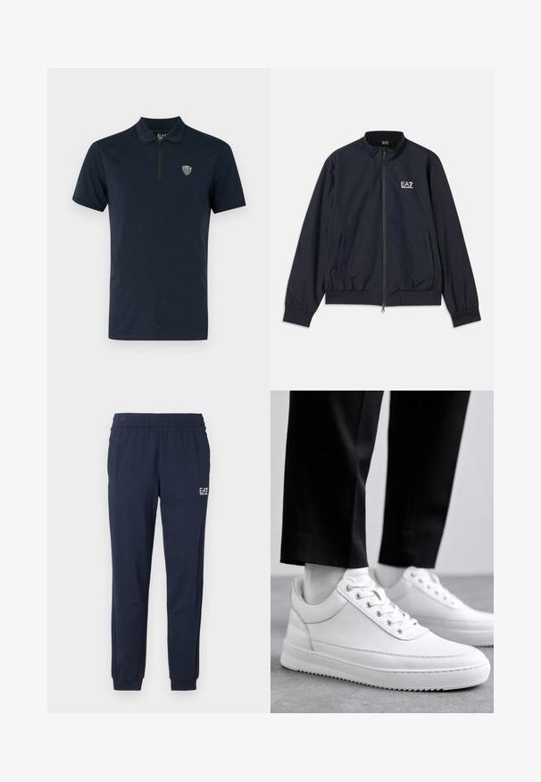 Veste bleu marine en matériau léger, dotée d'une fermeture éclair à l'avant, d'un col montant, de poignets élastiques et de poches latérales. Logo EA7 sur la poitrine.; Polo-shirt bleu marine à manches courtes, col zippé et petit logo brodé sur la poitrine. Tissu lisse et léger.; Pantalons de survêtement bleu marine avec une taille élastique et des poignets. Comprend un petit logo blanc sur la jambe gauche. Fabriqué à partir d'un matériau doux et extensible.; Baskets blanches en cuir avec une semelle en caoutchouc plat, présentant une finition lisse, un bout rond et des œillets en métal pour les lacets. Portées avec un pantalon noir.