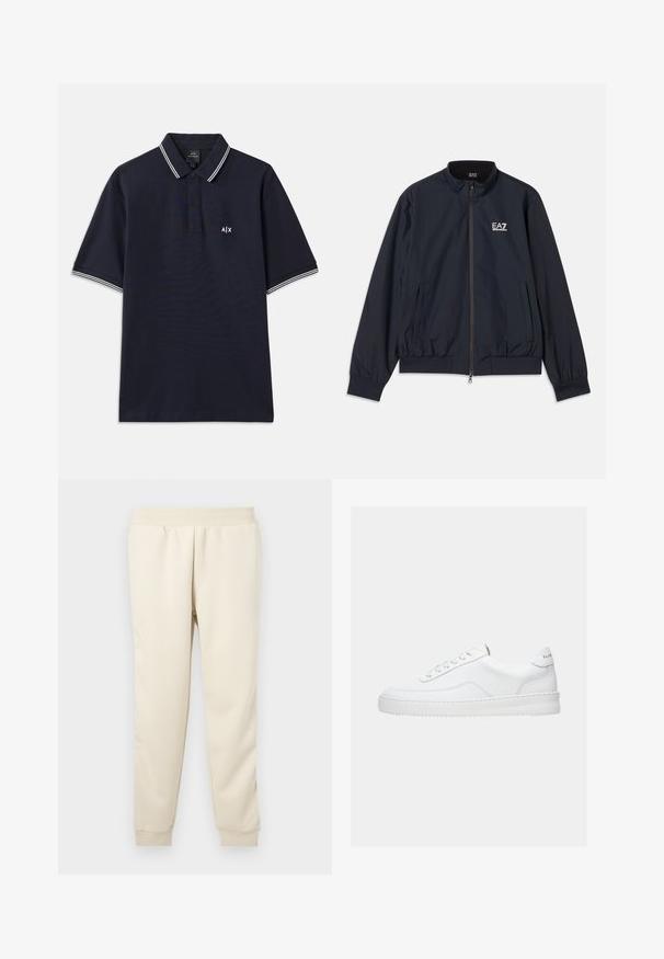 Marineblå jakke lavet af letvægtsmateriale, med lynlås foran, opretstående krave, elastiske manchetter og sidelommer. EA7-logo på brystet.; Marineblå poloshirt lavet af bomuld med klassisk krave, to-knaps placket og hvide stribede accenter på ærmerne. Lille logo på brystet.; Lys beige sweatpants lavet af blødt materiale med en tætsiddende design, elastisk talje og manchetter ved anklerne. Ingen synlige mønstre eller accenter.; Hvid lavt sneaker med snørelukning, glat læderoverdel og tyk sål, vist fra siden på en ensfarvet baggrund.
