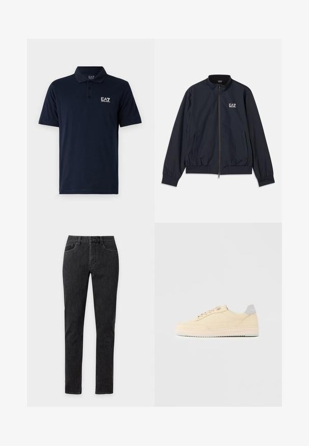 Marineblå jakke lavet af letvægtsmateriale, med lynlås foran, opretstående krave, elastiske manchetter og sidelommer. EA7-logo på brystet.; Mørkeblå polo-shirt lavet af bomuld, med krave, korte ærmer og et hvidt EA7-logo på venstre bryst. Klassisk pasform.; Sorte jeans med slim fit, fem lommer, bæltestropper og synlige syninger, vist forfra på en ensfarvet baggrund.; Beige lavtop sneaker med snørelukning foran, lyserød sål og grå hællap med mærket "Filling Pieces", vist i profil på ensfarvet baggrund.