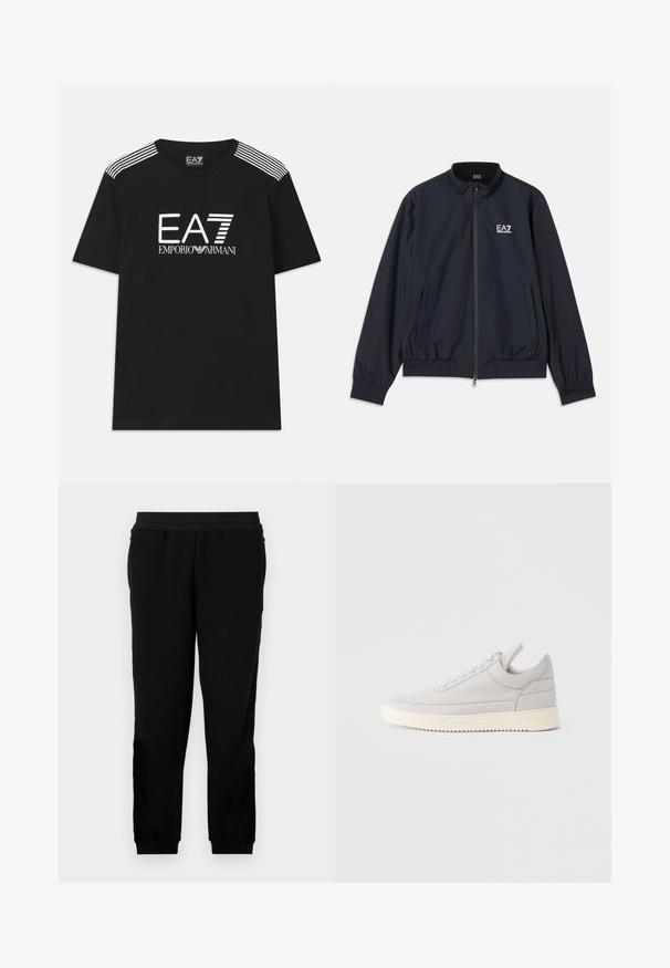 Marineblå jakke lavet af letvægtsmateriale, med lynlås foran, opretstående krave, elastiske manchetter og sidelommer. EA7-logo på brystet.; Sort bomulds t-shirt med et hvidt EA7-logo og teksten 'Emporio Armani'. Tre hvide striber på skuldrene fremhæver designet.; Sorte sweatpants lavet af et blødt materiale, med et elastisk liv, tætsiddende manchetter og sidelommer for ekstra bekvemmelighed.; Lysegrå lædersneaker med teksturerede sider, snørebånd foran og cremefarvet gummisål. Har en glat tåhætte og minimalistiske designdetaljer.