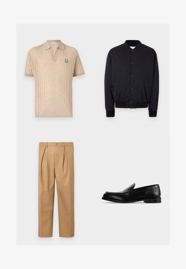 Veste bomber noire avec col, poignets et ourlet côtelés, boutons-pression sur le devant et deux poches latérales à boutons-pression, présentée sur un fond blanc.; Polo beige en maille côtelée à manches courtes avec col ouvert et petite tête de loup brodée sur la poitrine gauche.; Pantalons en coton beige avec une coupe décontractée, un design plissé, une taille avec fermeture à bouton, et une coupe droite. Texture lisse sans motifs.; Mocassin noir en cuir à enfiler avec un petit talon, un bout arrondi et des surpiqûres décoratives le long du bord supérieur.