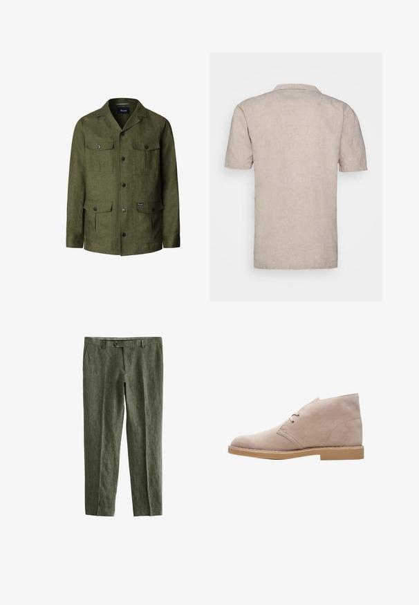 Chaqueta verde oliva con botones, cuatro bolsillos con solapa, mangas largas y cuello con muesca, hecha de tela texturizada.; Camisa de lino beige de manga corta con cuello, que presenta un tejido texturizado y dobladillo recto, sin patrones ni acentos visibles.; Next SIGNATURE - REGULAR FIT - Pantalones - olive green; Botín de ante beige hasta el tobillo con punta redonda, dos aberturas de cordones y una suela de goma marrón clara baja. Presenta una textura suave y un detalle de costura mínima.