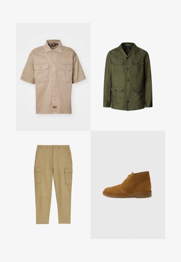 Chaqueta verde oliva con botones, cuatro bolsillos con solapa, mangas largas y cuello con muesca, hecha de tela texturizada.; Camisa de manga corta, color beige, de algodón, con cierre de botones en el frente, dos bolsillos en el pecho y una pequeña etiqueta de marca en la parte inferior.; Pantalones cargo beige hechos de tela duradera, con dos bolsillos laterales, dos bolsillos cargo y detalles de costura visibles. Diseño de pierna recta.; Bota desértica marrón de ante hasta el tobillo con dos ojales y suela de crepé sobre fondo liso gris claro.