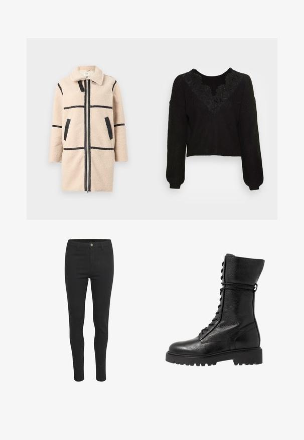 Beige fleecejakke med krave, der har sorte horisontale striber og lommer. Lynlåslukning og tekstureret stof giver et hyggeligt udseende.; Sort strikket cropped sweater med lange ærmer, der har en blonde V-hals-design og ribbede manchetter og kant. Struktureret stof med en tætsiddende pasform.; Sorte skinny jeans med en glat stofstruktur, der har en frontknaplukning, fem lommer og et tætsiddende design.; Sorte læder kampstøvler med en struktureret overflade, knæhøjt design, snørebånd foran og en kraftig gummisål med rillemønster.