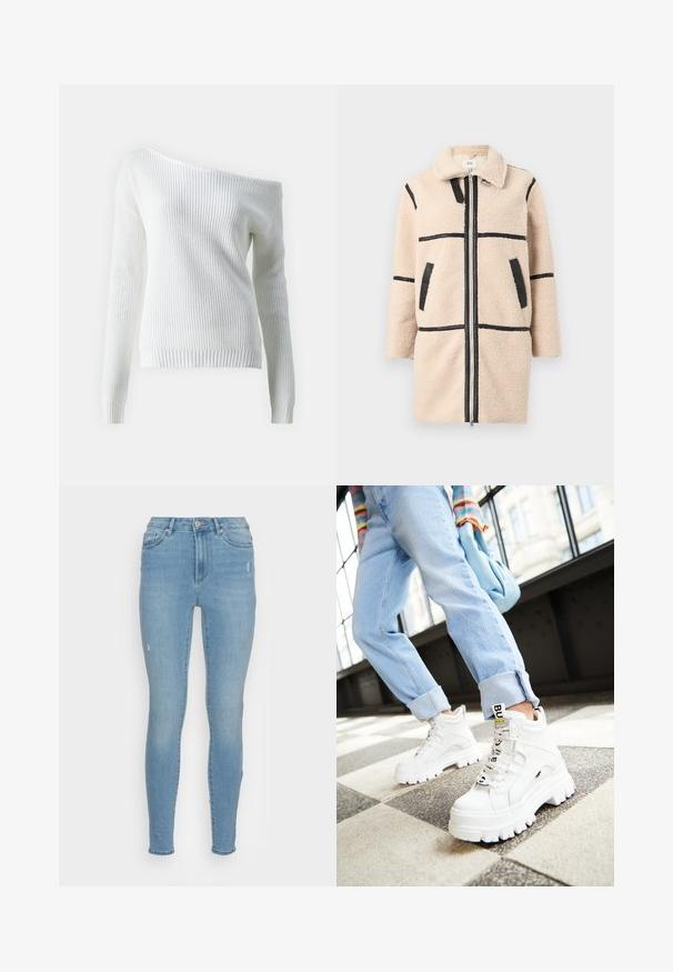 Manteau en polaire beige avec col, comportant des rayures horizontales noires et des poches. Fermeture éclair et tissu texturé offrant une apparence confortable.; Pull blanc à épaules dénudées en maille côtelée, doté de manches longues, d'un ourlet ajusté et d'un motif texturé sur l'ensemble.; Vero Moda Jeans Skinny - light blue denim; Baskets blanches épaisses avec semelles massives, lacées à l'avant et étiquette de marque. Portées avec un jean bleu clair retroussé sur un sol à motifs.
