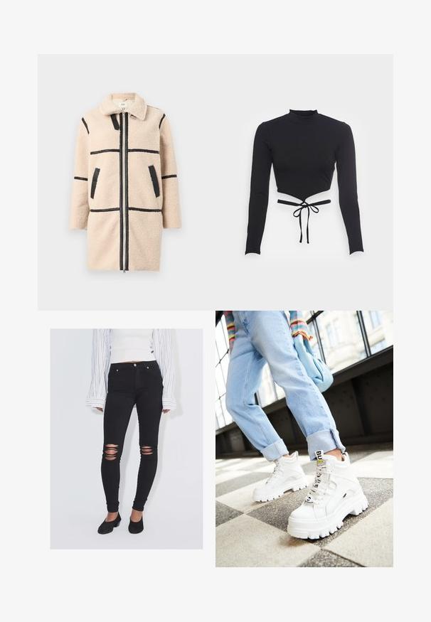 Beige fleecejakke med krave, der har sorte horisontale striber og lommer. Lynlåslukning og tekstureret stof giver et hyggeligt udseende.; Even&Odd by Zalando Langærmet T-shirt - black; Person, der bærer sorte revnede skinny jeans, sorte hælede sko, en hvid cropped top og en hvid skjorte med lange ærmer med sorte striber.; Hvide klodsede sneakers med tykke såler, snørebånd foran og mærkeflag. Båret med lyseblå jeans med opsmøg på et mønstret gulv.