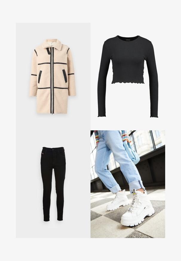 Beige fleecejakke med krave, der har sorte horisontale striber og lommer. Lynlåslukning og tekstureret stof giver et hyggeligt udseende.; Sort ribbet langærmet crop top med rund halsudskæring og bølget kant. Fremstillet af et strækbart materiale for en tætsiddende pasform.; Sorte, stræk denim skinny jeans med høj talje, der har fem lommer og lynlåsgylpter. Simpelt design med minimal dekoration.; Hvide klodsede sneakers med tykke såler, snørebånd foran og mærkeflag. Båret med lyseblå jeans med opsmøg på et mønstret gulv.