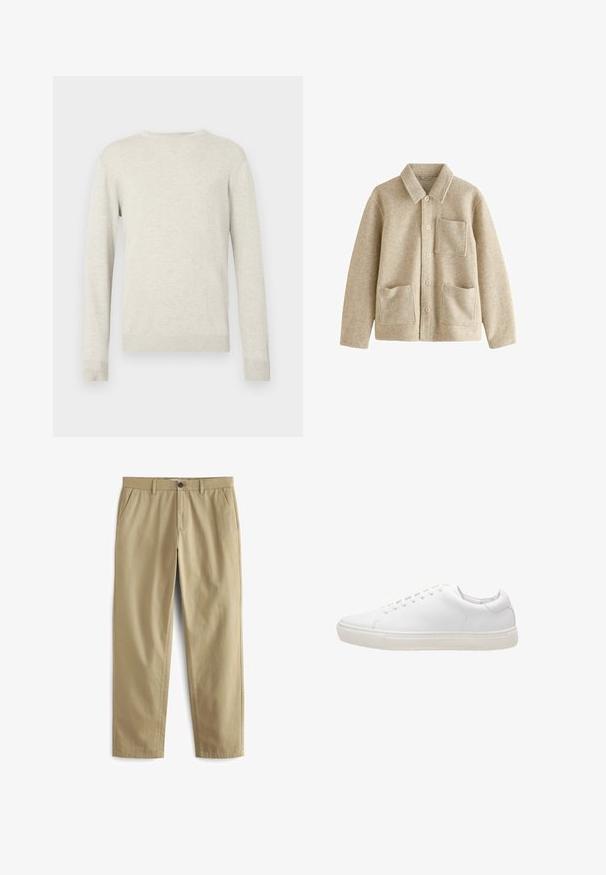 Beige wolmixjas met een spitse kraag, vijf knopen aan de voorkant, twee voorzakken en een borstzak. Zachte textuur en een relaxed pasvorm.; Beige trui met lange mouwen en ronde hals, voorzien van ribbels aan de mouwen en onderkant, gepresenteerd tegen een eenvoudige witte achtergrond.; Beige broeken van een katoenmix, met een knoopsluiting, twee voorzakken en rechte pijpen met een minimale textuur.; Witte leren sneaker met een gladde textuur, ronde neus, vetersluiting en een platte rubberen zool. Minimalistisch ontwerp zonder zichtbare patronen.