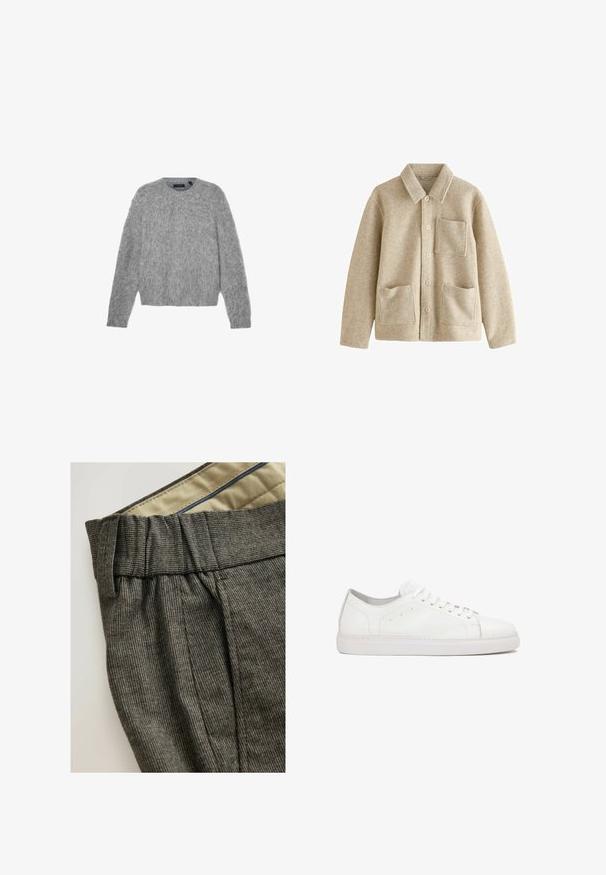 Veste en mélange de laine beige avec un col pointu, un devant à cinq boutons, deux poches avant et une poche poitrine. Texture douce et coupe décontractée.; Pull gris à manches longues en matière pelucheuse avec un col rond et une coupe courte. Texture lisse avec une apparence douce et légère.; Pantalons gris texturés avec une taille plissée et une doublure intérieure contrastante. Présente des motifs subtils et un design ajusté.; Baskets en cuir blanc avec une texture lisse, bout arrondi, design à lacets et accents de coutures subtils sur une semelle en caoutchouc plate.