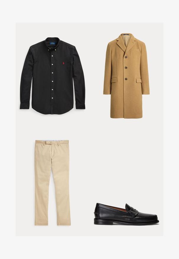 Eénrijige camelbruine wollen jas met drie knopen, inkeping revers, borstzakje en twee voorzakken met klep.; Zwarte blouse met lange mouwen en knopen, met rood geborduurd logo op de linkerborst en een button-down kraag.; Beige broek met rechte pijpen, ceintuurlussen en een voorrits, plat gelegd tegen een witte achtergrond.; Zwarte leren loafer met lage hak en penny-strap detail, van opzij getoond op een lichtgrijze achtergrond.