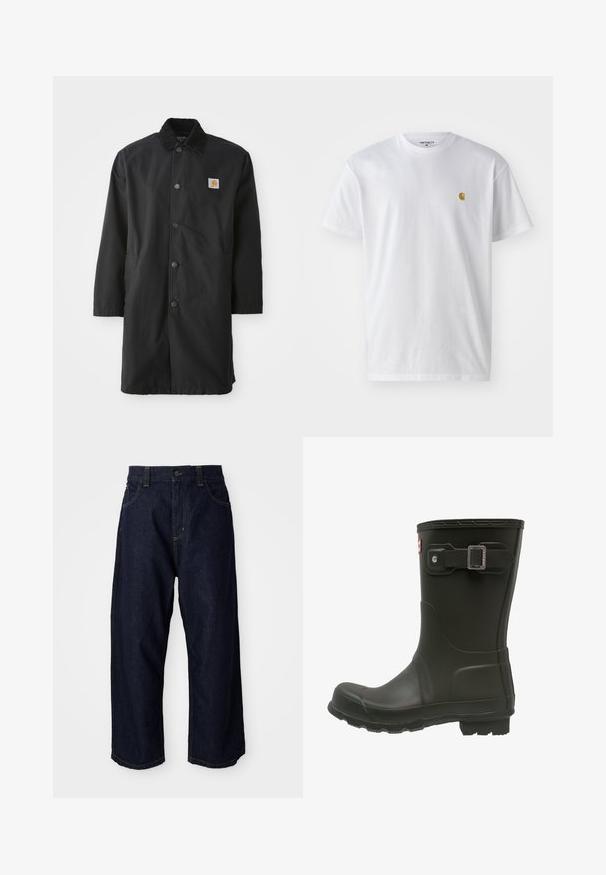 Sort mellemlang frakke lavet af kraftigt stof, med krave, frontknapper, sidelommer og et lille logo-patch på brystet.; Hvid bomulds t-shirt med korte ærmer, rund hals og et lille guld logo på venstre brystområde. Blød tekstur og almindelig pasform.; Mørkeblå denimbukser med en afslappet pasform, der har en knapclosure, bæltestropper og gule syninger på lommer og sømme.; Sort gummistøvle med rund tå, en spænderem ved den øverste side og en struktureret sål til godt tænksom greb.