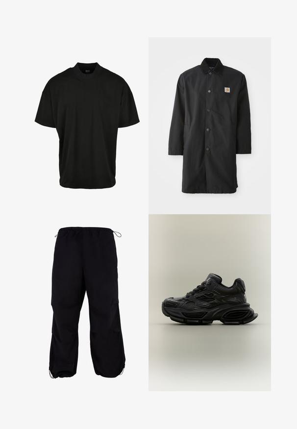 Sort mellemlang frakke lavet af kraftigt stof, med krave, frontknapper, sidelommer og et lille logo-patch på brystet.; Sort kortærmet T-shirt med rund halsudskæring, lavet af blødt stof, med en afslappet pasform og uden synlige mønstre eller accenter.; Sort, løstsiddende cargo-bukser med elastisk talje og justerbar snor. Har lynlåslommer og anklekant.; Sort chunky sneaker med tekstureret design, tyk sål og snørelukning vist mod en almindelig neutral baggrund.