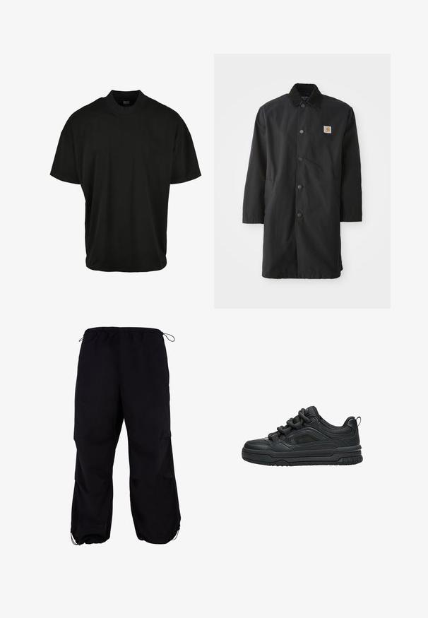 Sort mellemlang frakke lavet af kraftigt stof, med krave, frontknapper, sidelommer og et lille logo-patch på brystet.; Sort kortærmet T-shirt med rund halsudskæring, lavet af blødt stof, med en afslappet pasform og uden synlige mønstre eller accenter.; Sort, løstsiddende cargo-bukser med elastisk talje og justerbar snor. Har lynlåslommer og anklekant.; Sort lavtop sneaker med tyk sål, polstret krave, mesh paneler og chunky snørebånd vist mod en hvid baggrund.