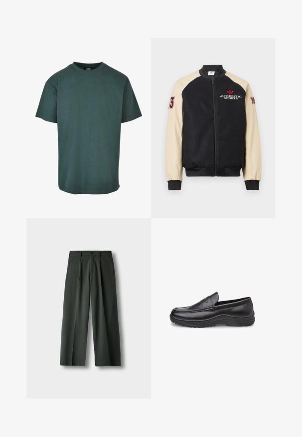 Musta ja beige vetoketjullinen takki, jossa rintakehässä "Authentic Sports" -teksti ja punainen logo, vasemmassa hihaossa numero "73" ja oikeassa hihaossa numero "19".; Tumman vihreä puuvillahuppari, jossa on pyöreä pääntie, lyhyet hihat ja suora helma. Pehmeä rakenne, rento istuvuus ja yksinkertainen muotoilu.; Tummanvihreät leveälahkeiset housut, joissa on etutaskut, sivutaskut, vyölenkit ja napitus valkoisella taustalla.; Musta nahkainen loafers-kenkä, jossa sileä pinta, pyöristetty kärki ja koristeelliset sauman yksityiskohdat. Paksu kumipohja, jossa pitoaumot.