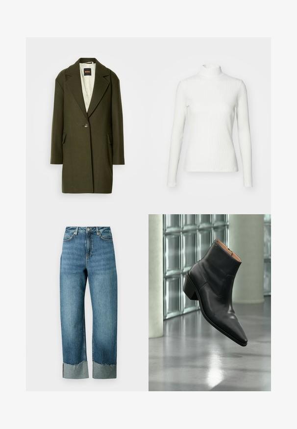 Manteau en laine mélangée vert foncé avec un revers cranté, fermeture à un bouton et poches latérales. L'intérieur est doté d'un léger revêtement matelassé.; Haut col roulé blanc à côtes avec des manches longues, fabriqué en tissu extensible. Présente un design ajusté et un encolure haute pour plus de couverture.; Jean en denim bleu clair avec une coupe ample et droite. Caractérisé par un ourlet effiloché et un détail de revers contrastant. Conception à cinq poches avec fermeture par bouton.; Bottine en cuir noir avec un bout pointu et un talon carré lévitant au-dessus d'un sol gris réfléchissant près d'un mur en blocs de verre.