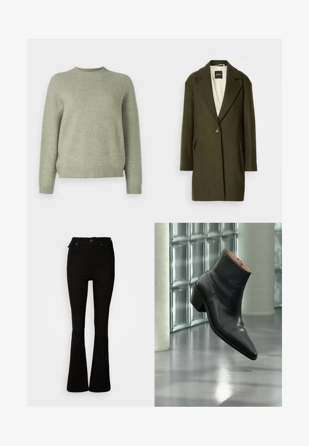 Abrigo de mezcla de lana de color verde oscuro con solapa muesca, cierre de un solo botón y bolsillos laterales. El interior presenta un forro acolchado ligero.; DRYKORN PEMIRI - Jersey de punto - green; Jeans acampanados negros de denim, con una cintura alta, bolsillos frontales y un diseño clásico de cinco bolsillos con acentos de metal.; Botín de piel negra con puntera puntiaguda y tacón cuadrado que levita sobre un suelo gris reflectante cerca de una pared de bloques de cristal.