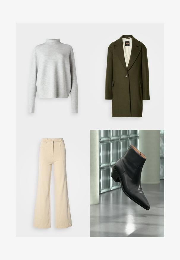 Mørkegrøn uldblandingsfrakke med spids klapkrave, enkelt knaplukning og sidelommer. Indersiden har en let quiltet fore.; Lys grå turtleneck sweater, lavet af blødt stof, med lange ærmer og en afslappet pasform, med en glat, fin struktur.; Beige vidde jeans med høj talje, forlommer og kontrasterende syninger, udstyret med en knaplukning og en glat bomuldsstruktur.; Sort læderankelstøvle med spids tå og blokhæl, der svæver over en reflekterende grå gulv nær en væg af glasblokke.