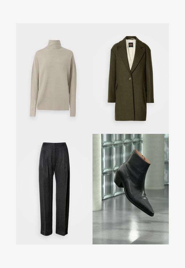 Abrigo de mezcla de lana de color verde oscuro con solapa muesca, cierre de un solo botón y bolsillos laterales. El interior presenta un forro acolchado ligero.; Suéter de cuello alto de color beige claro, fabricado en un material de punto suave, presenta un corte relajado con mangas largas y un cuello alto. Sin patrones visibles.; Pantalones negros de pernera ancha hechos de tela suave, con pliegues frontales, cremallera y diseño clásico de cinturilla.; Botín de piel negra con puntera puntiaguda y tacón cuadrado que levita sobre un suelo gris reflectante cerca de una pared de bloques de cristal.