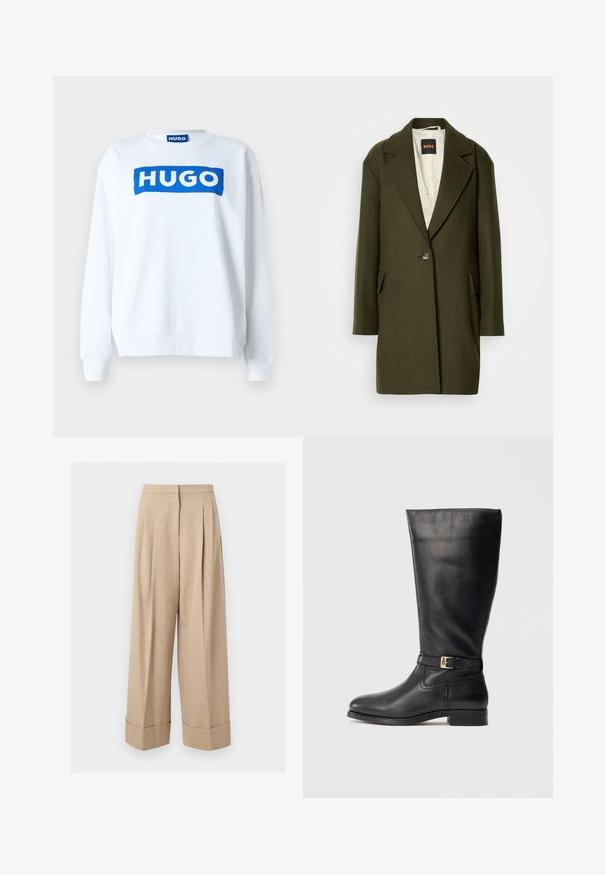 Donkergroene wolmix jas met een notch-lapel, enkele knoopsluiting en zijzakken. De binnenkant heeft een lichte gewatteerde voering.; Witte sweatshirt van een katoenmix met een blauw "HUGO" logo aan de voorkant, ronde halslijn en ribgebreide manchetten en onderkant.; Beige wijde broek met hoge taille, voorplooien en brede manchetten aan de zoom, getoond op een witte achtergrond.; Zwarte leren laarzen tot de knie met een gladde textuur, een klein gouden gespdetail, ronde neus en een lage, gestapelde hak. Eenvoudig, strak ontwerp.