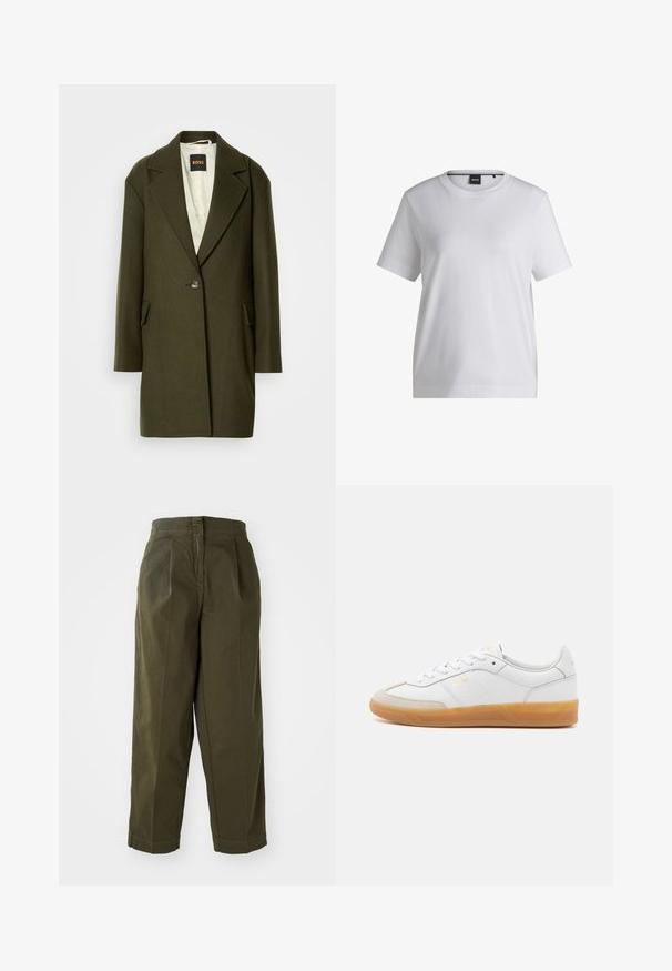 Dunkelgrüner Wollmischmantel mit Reverskragen, Ein-Knopf-Verschluss und Seitentaschen. Innenausstattung mit leicht gestepptem Futter.; Weißes Baumwoll-T-Shirt mit rundem Halsausschnitt, kurzen Ärmeln und bequemer Passform. Mit einem kleinen Markenschild nahe dem Kragen.; Olivgrüne, weit geschnittene Hosen mit hoher Taille, die vordere Falten und umgeschlagene Säume aufweisen. Hergestellt aus leichtem Stoff mit glatter Textur.; Weiße Ledersneaker mit beigen Wildlederakzenten, Gummi-Rahmen und Schnürdesign. Verfügt über dezente Markenkennzeichnung in Gold.