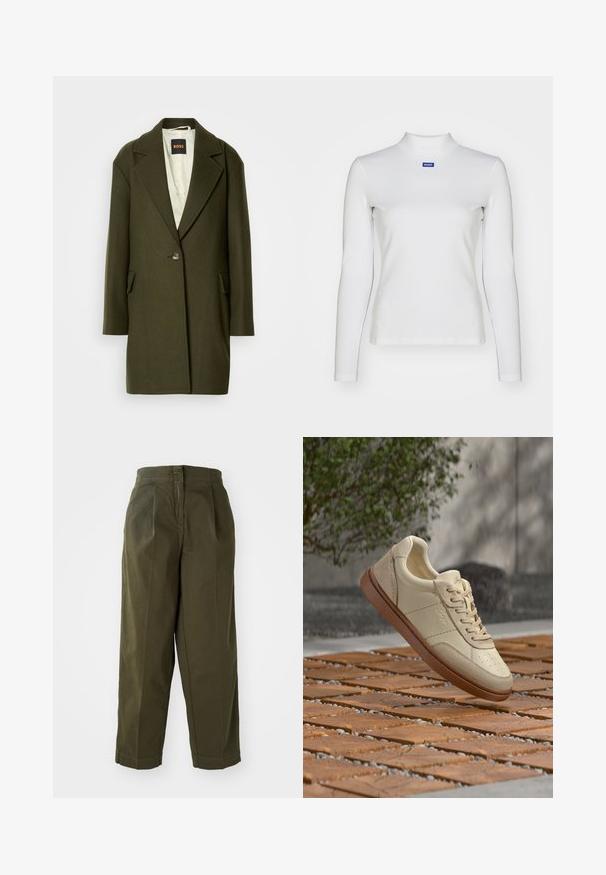 Mørkegrøn uldblandingsfrakke med spids klapkrave, enkelt knaplukning og sidelommer. Indersiden har en let quiltet fore.; Hvid langærmet turtleneck-top lavet af strækstof, med en tætsiddende design og et lille blåt logo på brystet.; Olivenfarvede, vide bukser med høj talje, der har frontfolder og oprevne kanter. Fremstillet af letvægtsstof med en glat overflade.; Beige lædersneaker med brun sål, der svæver over en flisebelagt udendørs overflade med spredte små sten og grønne blade i baggrunden.