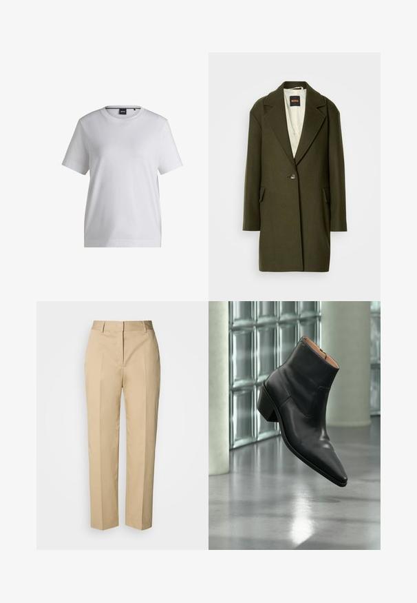 Donkergroene wolmix jas met een notch-lapel, enkele knoopsluiting en zijzakken. De binnenkant heeft een lichte gewatteerde voering.; Witte katoenen t-shirt met een ronde halslijn, korte mouwen en een ontspannen pasvorm. Heeft een klein merketiket nabij de kraag.; Beige rechte broek met riemlussen, voorplooi en verborgen sluiting, afgebeeld tegen een lichte achtergrond.; Zwarte leren enkellaars met een spitse neus en blokhak die zweeft boven een reflecterende grijze vloer nabij een glazen blokmuur.