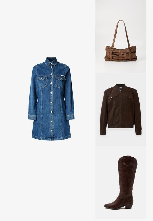 Veste bombardier en daim marron foncé avec col, poignets et ourlet côtelés, deux poches avant à rabat avec boutons-pression et fermeture éclair centrale.; Robe en denim, manches longues, fermeture à boutons sur le devant, deux poches poitrine, col classique, couleur bleu moyen et détails de couture clairs.; Botte de cowboy haute en cuir marron avec des coutures détaillées, un bout pointu et un talon bloc sur un fond clair uni.; Even&Odd by Zalando Sac à main - brown