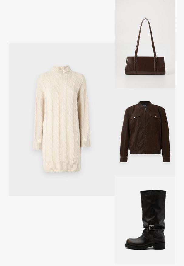 Veste bombardier en daim marron foncé avec col, poignets et ourlet côtelés, deux poches avant à rabat avec boutons-pression et fermeture éclair centrale.; Pull en tricot torsadé crème avec un col haut, des manches trois-quarts et un ourlet côtelé. Présente des motifs texturés et une coupe ample.; Botte haute en cuir noir avec bout arrondi, talon bas, bride à boucle latérale et tige légèrement relâchée sur fond blanc.; Sac à main en cuir verni marron de forme rectangulaire, avec deux longues poignées et des accents courbés subtils à l'avant.