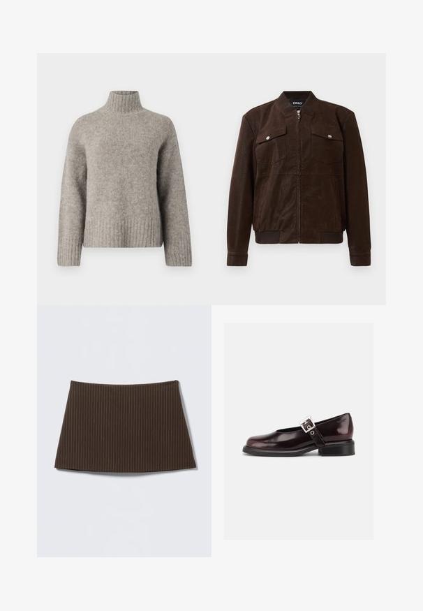 Mørkebrun suede bomberjakke med ribbet krave, manchetter og kant, to forreste flaplommer med trykknapper og central lynlås.; Lys grå turtleneck sweater lavet af blødt, struktureret stof. Har ribbede manchetter og kant, med en afslappet pasform og minimalistisk design.; Brun nederdel med nålestriber, tætsiddende design, glat tekstur og flared kant, ideel til et skræddersyet look.; En enkelt blank mørk burgunder Mary Jane sko med bred rem og sølvspænde, lav blokhæle og rundet tå på hvid baggrund.