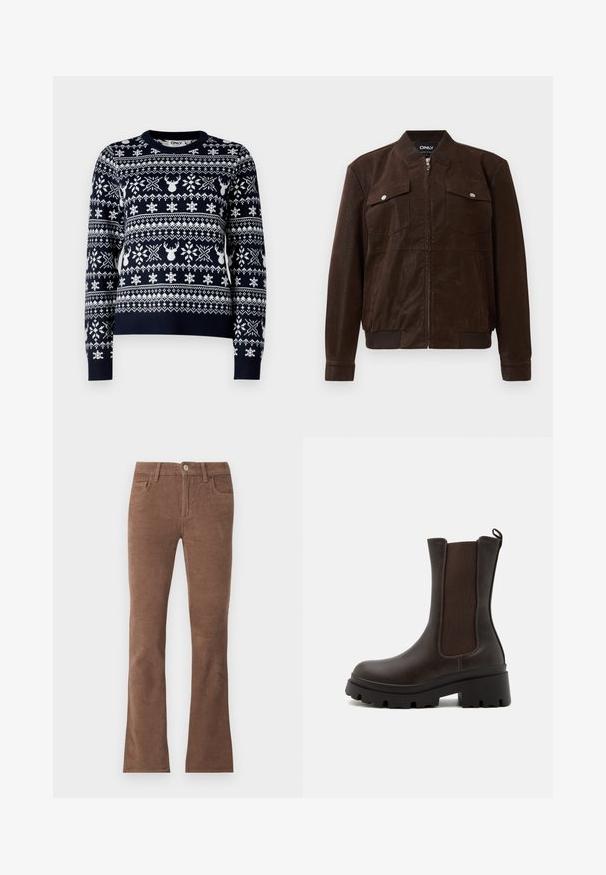 Chaqueta bomber de ante marrón oscuro con cuello, puños y bajo acanalados, dos bolsillos frontales con tapa y botón de presión, y cierre central de cremallera.; Suéter de punto azul marino con patrones de copos de nieve y renos en blanco, cuello redondo, mangas largas y ribete acanalado.; Pantalones de pana marrones con cierre de botón y cremallera, estilo de cinco bolsillos y piernas ligeramente acampanadas.; Botas de tobillo de cuero marrón con paneles elásticos en los laterales, suelas de goma gruesa y una pestaña en la parte posterior. Acabado texturizado. Diseño robusto.