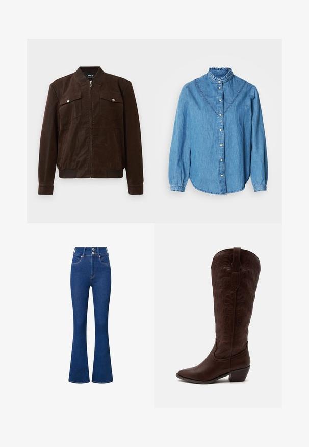 Dunkelbraune Wildleder-Bomberjacke mit geripptem Kragen, Bündchen und Saum, zwei vorderen Klappentaschen mit Druckknöpfen und zentralem Reißverschluss.; Blaues Denimhemd mit einem gerafften hohen Kragen, Knopfleiste vorne und langen Ärmeln. Mit dekorativen Nähten und einem leicht geschwungenen Saum.; Hoch geschnittene Schlagjeans aus dunkelblauem Denim. Merkmale sind ein Zwei-Knopf-Verschluss, Vordertaschen und dezente Nähte entlang der Säume.; Hoher brauner Leder-Cowboystiefel mit detaillierter Naht, spitzer Spitze und Blockabsatz auf schlichtem hellem Hintergrund.