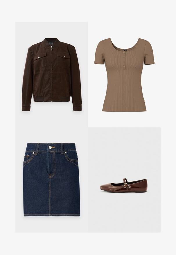 Chaqueta bomber de ante marrón oscuro con cuello, puños y bajo acanalados, dos bolsillos frontales con tapa y botón de presión, y cierre central de cremallera.; Top corto marrón con manga corta acanalada, escote redondo y cuatro pequeños botones plateados redondos en la tapeta frontal.; Falda de mezclilla azul oscuro con costuras visibles, diseño de cinco bolsillos y cierre de botón en la parte frontal. Corte recto con un dobladillo limpio.; Bailarina de charol marrón con punta cuadrada y tira que presenta una pequeña hebilla dorada. Textura suave, tacón bajo y diseño minimalista.