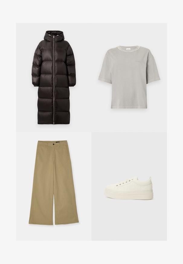 Lang sort polstret vinterjakke med fuld frontlynlås og hætte, med vandret quiltning og elastiske manchetter.; CLOSED RELAXED - T-shirts basic - mud grey; Khaki viddebukser lavet af bomuld, med knaplukning, sidelommer og synlige syninger. Glat tekstur.; Hvide sneakers med en tekstureret overdel, flad sål, afrundet tå og en lille løkke ved hælen. Har metaløjer til snører.