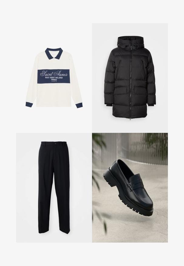 Sort dunjakke med lynlås foran, store dobbelte forlommer og hætte. Har ribbede manchetter og quiltet tekstur.; Langærmet polo shirt, creme og marineblå, i en bomuldsblanding. Har et marineblåt bånd med hvid tekst og en klassisk krave med marineblå kant.; Sorte lige bukser med bæltestropper, knaplukning og et slankt, minimalistisk design på en neutral baggrund.; Sorte læder loafers med en chunky sål, der har en dekorativ rem og syninger. Glat tekstur med en poleret overflade.