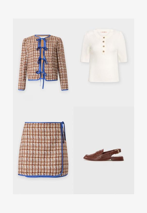 Veste tissée en marron et blanc avec des bordures bleues. Dotée d'un col rond et de liens sur le devant, mettant en valeur un motif texturé sur l'ensemble.; Haut à manches courtes en tricot côtelé blanc avec un col rond et cinq boutons décoratifs centrés. Texture lisse, coupe ajustée.; Jupe en tissu tissé à motif à carreaux marron et blanc avec des bordures bleues. Présente un lien sur le côté et un tissu texturé pour un détail supplémentaire.; Dolce Vita HARDI - Chaussons - brown