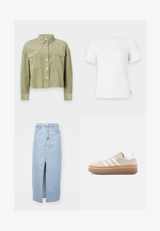 Grüne Cordjacke mit strukturiertem, geripptem Design, zwei Brusttaschen und silberner Knopfleiste. Taillierte Passform mit fransigem Saum.; Weißes kurzärmliges T-Shirt mit geripptem Muster und rundem Ausschnitt. Weicher Stoff, taillierte Passform und minimale Nähdetails.; Hellblauer Jeansrock mit Schlitz vorne, Gürtelschlaufen und klassischem Fünf-Taschen-Design. Glatte Textur mit einem sauberen Finish.; Beige Wildleder-Sneaker mit weißen Lederakzenten, versehen mit drei weißen Streifen, einem goldenen Logo und einer dicken, durchsichtigen Gummisohle.