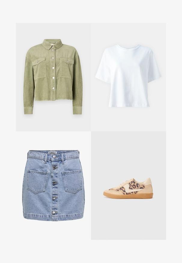 Grøn kordfløjl skjortejakke med et struktureret, ribbet design, to brystlommer og sølvknaplukning foran. Kortet fit med en slidset kant.; Hvid bomulds t-shirt med rund hals, korte ærmer, afslappet pasform og glat tekstur. Ingen mønstre eller detaljer synlige.; Lys blå denim mini-sundress med fem knapper foran, to påsyede lommer, og en let slidt struktur. Mærket hedder "ONLY."; Leopardprint sneakers med beige ruskindsoverdel, tan gummisål og hvide detaljer. Rund pegefinger og snørebåndsdesign med en tekstureret finish.