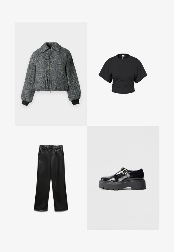 Geknipte houndstooth-jack in grijs en zwart, met een voorritsluiting, kraag en ribgebreide manchetten voor een gestructureerde afwerking.; Zwart cropped t-shirt met wijde mouwen en ronde hals, licht geplooide stof bij de taille, weergegeven op een witte achtergrond.; Zwarte wijde broek van imitatieleer met voorzakken, riemlussen en subtiele glans. Soepele textuur en nauwsluitende pasvorm.; Zwarte lakleren Mary Jane-schoen met zilveren gesp en dikke zwarte chunky zool, tentoongesteld op een effen grijze achtergrond.
