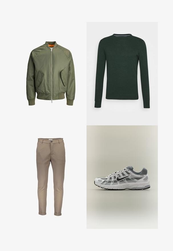 Chaqueta bomber verde oliva con cremallera frontal, mangas raglán, dos bolsillos laterales y puños de canalé. El interior presenta un forro naranja brillante.; Suéter de punto verde oscuro con cuello redondo, mangas largas y puños y dobladillo acanalados. Textura suave sin patrones o acentos visibles.; Pantalones de mezcla de algodón beige con un ajuste entallado, que cuentan con cierre de botón, trabillas para cinturón y puños doblados. Textura suave con costuras limpias.; Zapatilla Nike P-6000 blanca y gris con swoosh negro, paneles de malla y suela texturizada, mostrada de perfil sobre un fondo neutro.