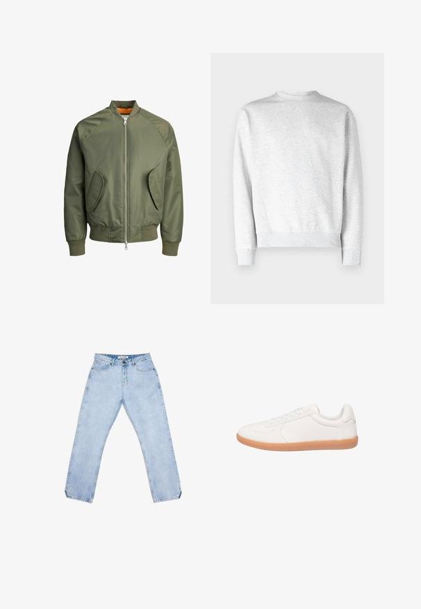 Veste bomber vert olive avec une fermeture éclair à l'avant, des manches raglan, deux poches latérales et des poignets côtelés. L'intérieur est doté d'une doublure orange vif.; Sweatshirt gris clair à col rond, fabriqué en molleton doux, avec des poignets et un ourlet côtelés, et une finition lisse.; Jean en denim bleu clair avec une coupe droite, comprenant cinq poches, une fermeture à bouton et un léger effet délavé. Pas de motifs ni de logos visibles.; Baskets basses blanches avec semelle en gomme naturelle et lacets blancs, vues de côté sur un fond uni.