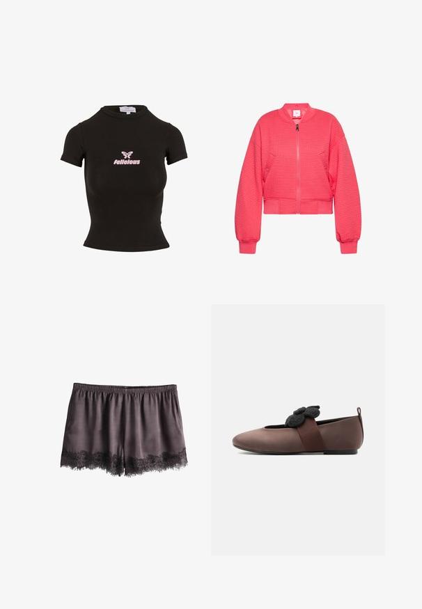 myMo Bombertakki - pink; Mustat lyhythihaiset lyhytpaidat, jotka on valmistettu venyvästä materiaalista. Edessä on vaaleanpunainen "felicious" -logo ja perhoskuvio.; Tummanharmaat satiinihousut, joissa on joustava vyötärönauha ja musta pitsikoriste helman reunassa, aseteltuna tasaisesti valkoisella taustalla.; Ruskea matala kenkä pyöreällä kärjellä, musta joustava nauha, jossa musta huopakukka, ja pieni kantalenkki.